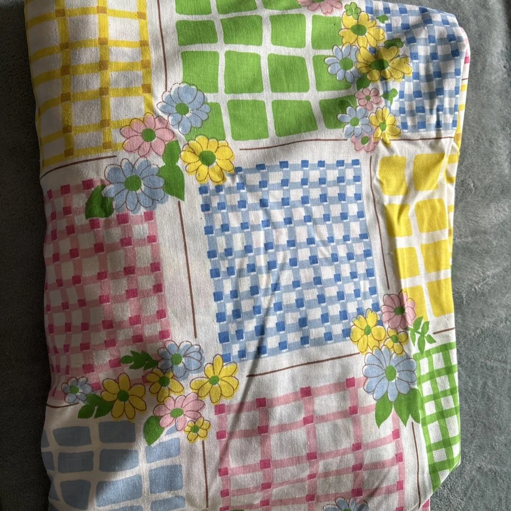 Vintage Cannon 70s Daisy TWIN‎ SIZE Sheet Set Gingham Square Monticello Muslin